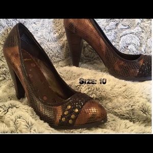3 for $30 - Snakeskin bronze studded heels.